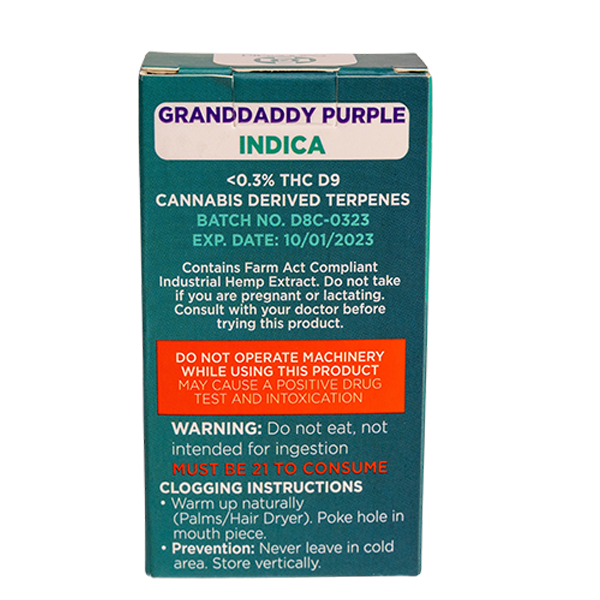 CannaAid Delta 8 Vape Cartridge (1ml) Granddaddy Purple Indica