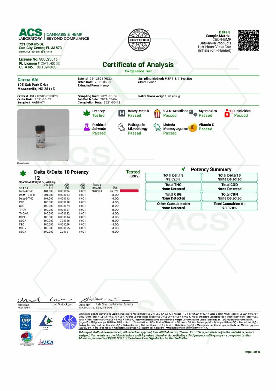 Jack Jerer Vape Cart CBD Hemp Certificates of Analysis