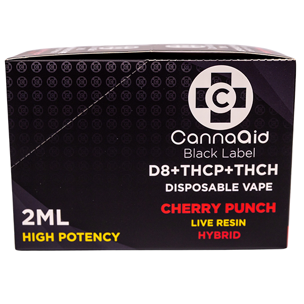 CannaAid Black Label Cherry Punch D8+THCP+THCH Disposable Vape Pen Hybrid Side View